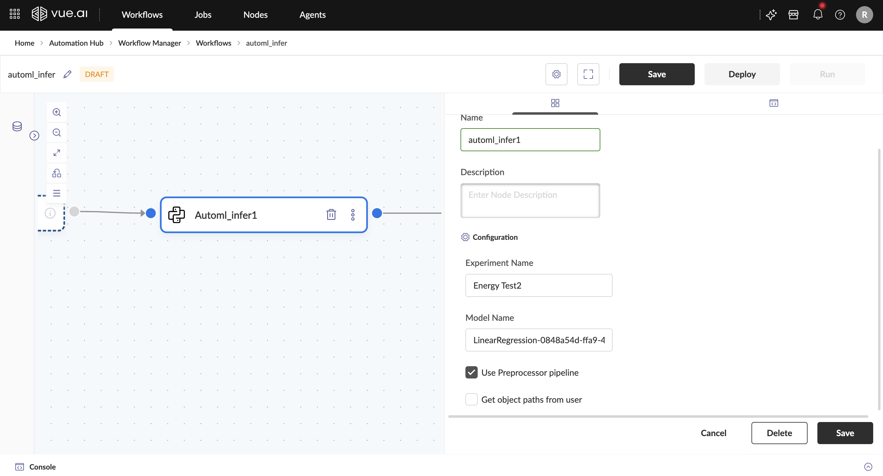 Adding AutoML Inference Node Configuration