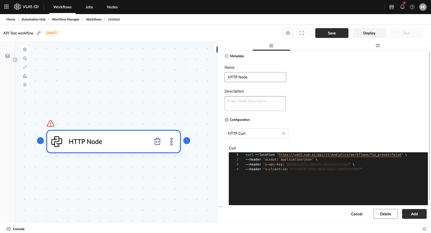 HTTP Node - Adding API Request cURL by using HTTP Curl dropdown