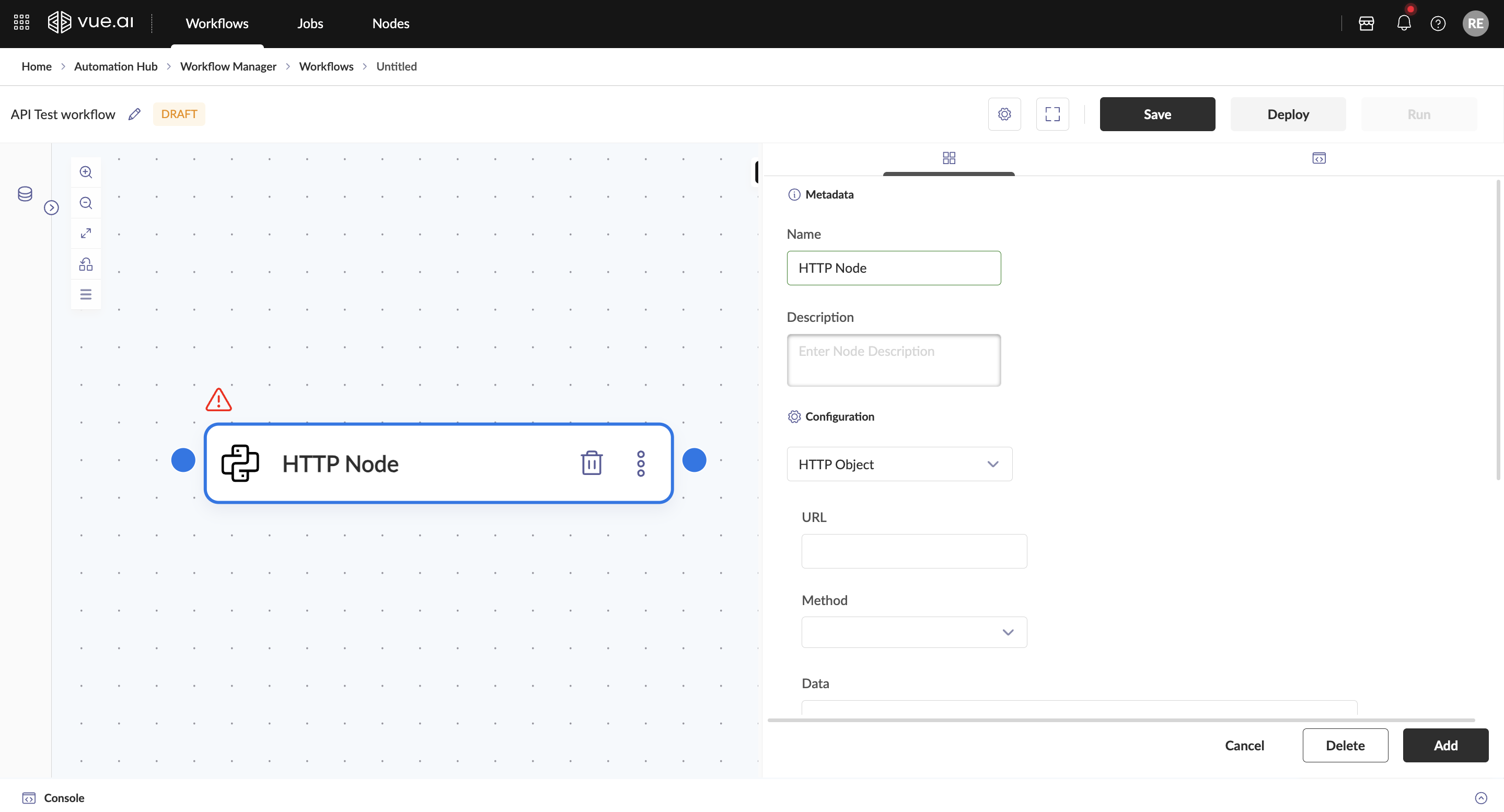 Adding HTTP Node to the Workflow Canvas