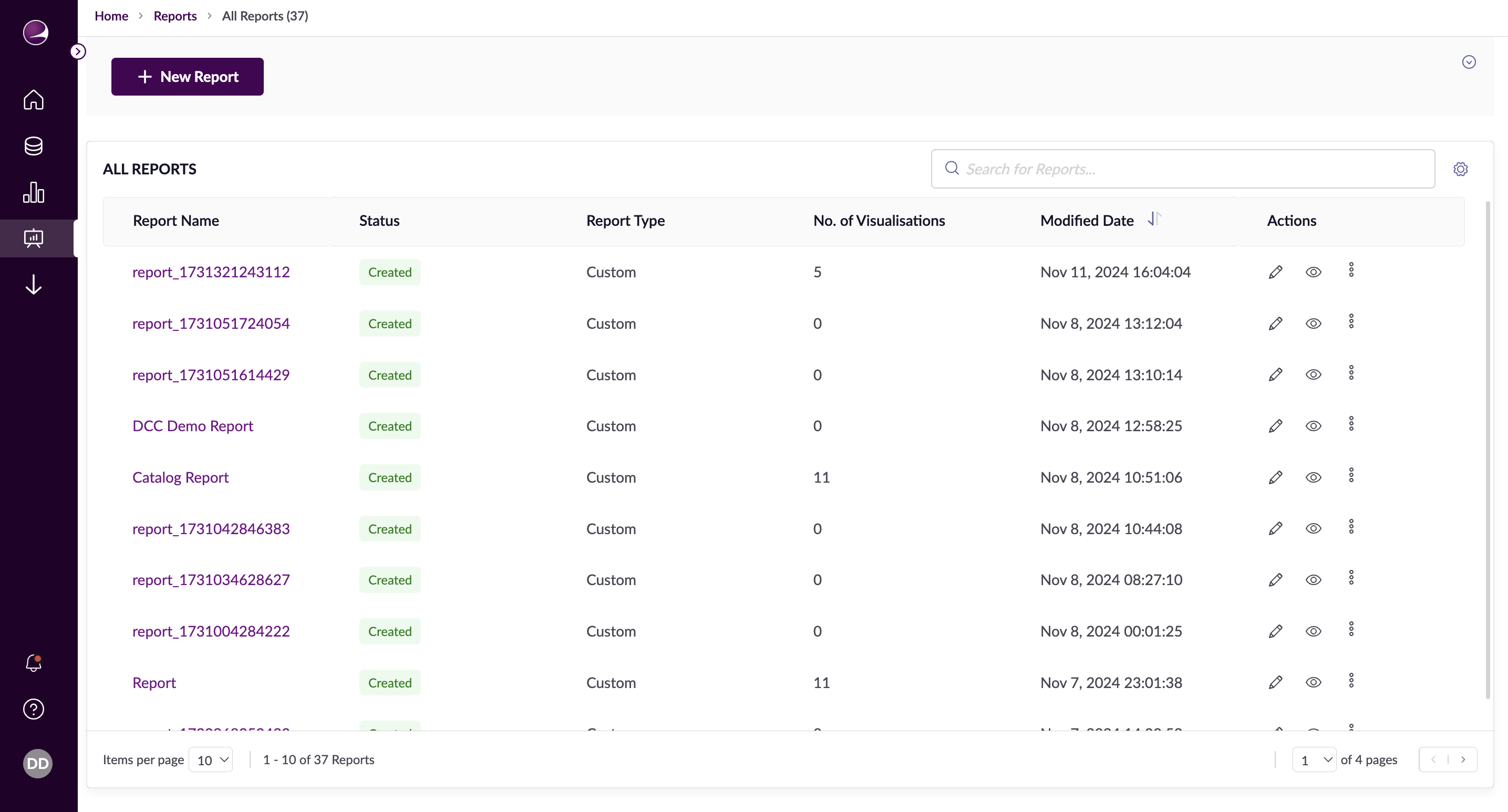 Reports Listing Screen