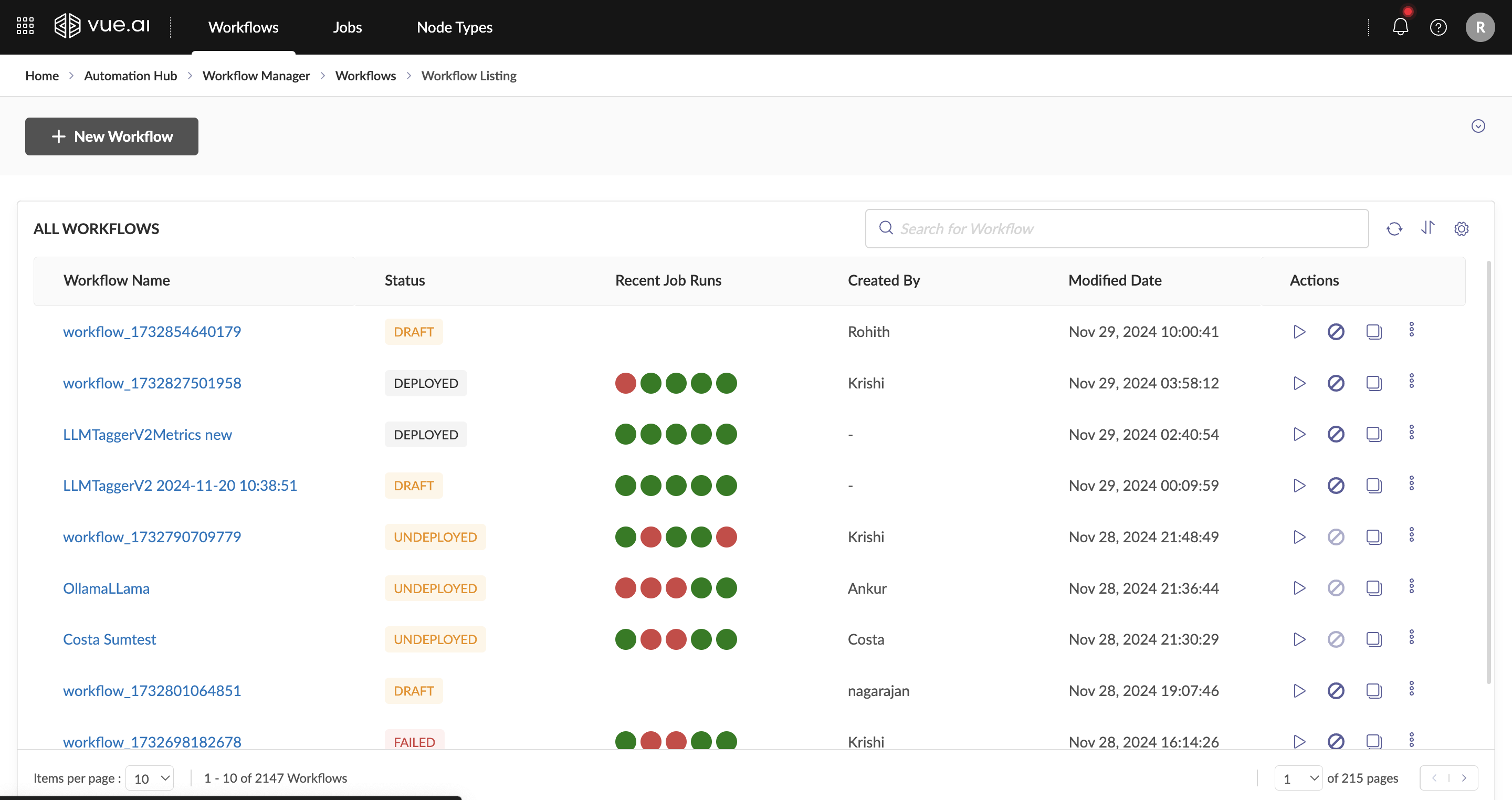 Workflows Listing Page